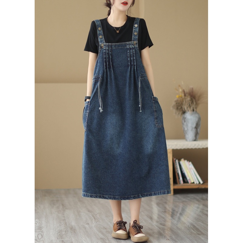 Retro Summer New Blue Pockets Drawstring Denim Strap Dresses