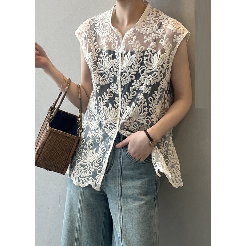 Sexy Beige V Neck Embroidered Floral Hollow Out Shirts Summer