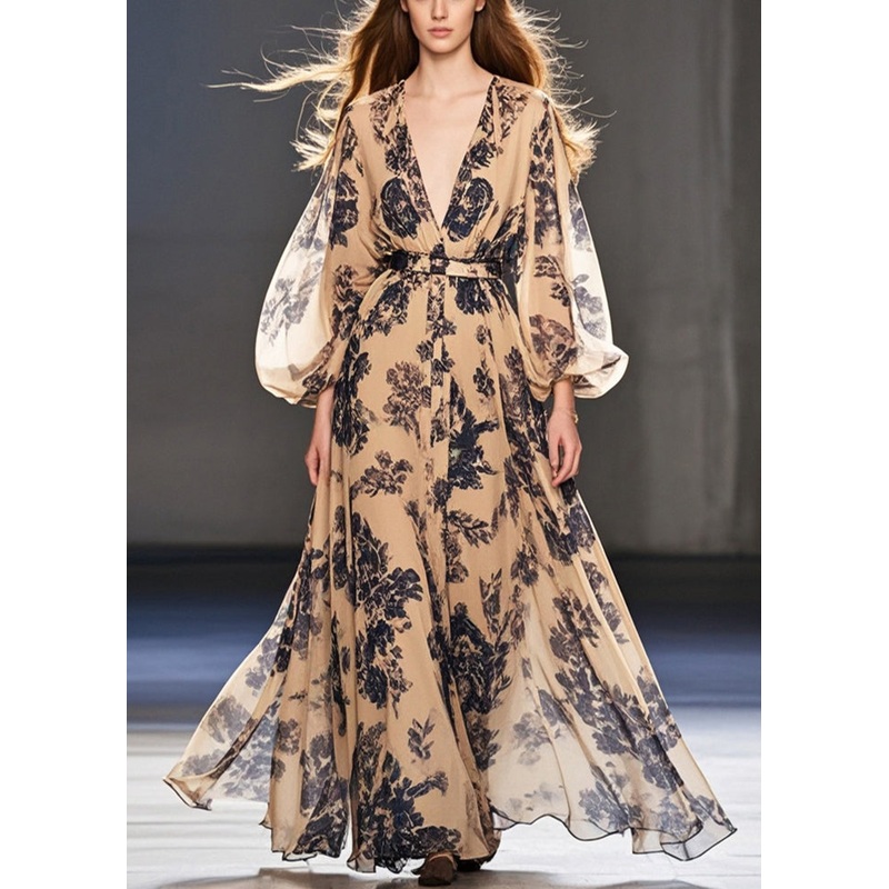 Simple Coffee Cinched Print Chiffon Ankle Dress Fall