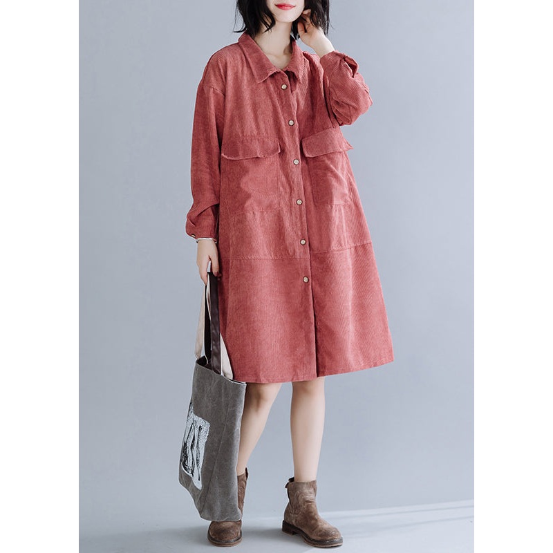 Simple Peter Pan Collar Pockets Corduroy Shirts Coat Spring