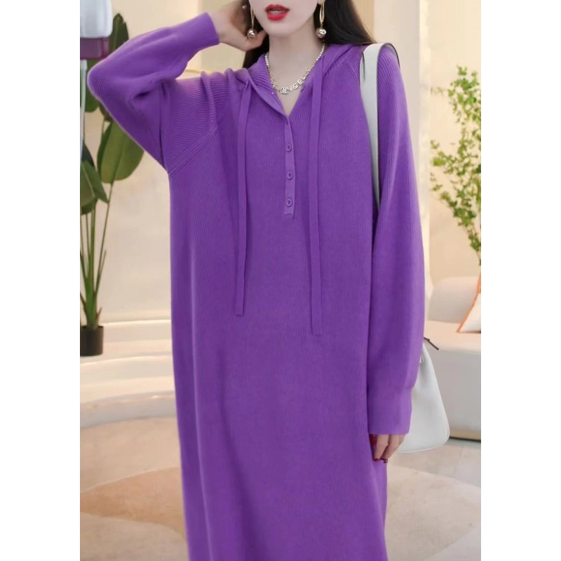 Simple Purple Hooded Button Solid Knit Sweater Dress Winter