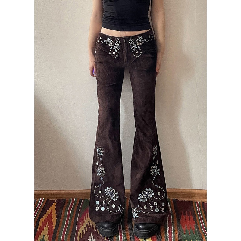 Slim Fit Chocolate Embroidered Floral Denim Flared Trousers