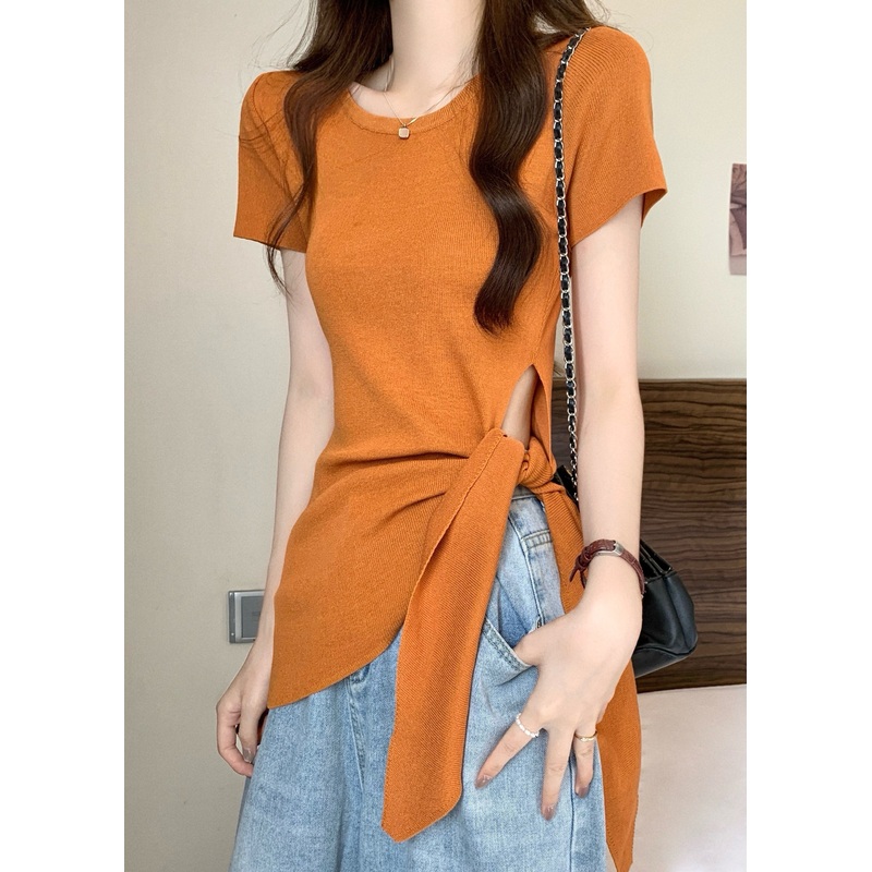 Slim Fit Yellow O-Neck Asymmetrical Hollow Out Bow Top Summer