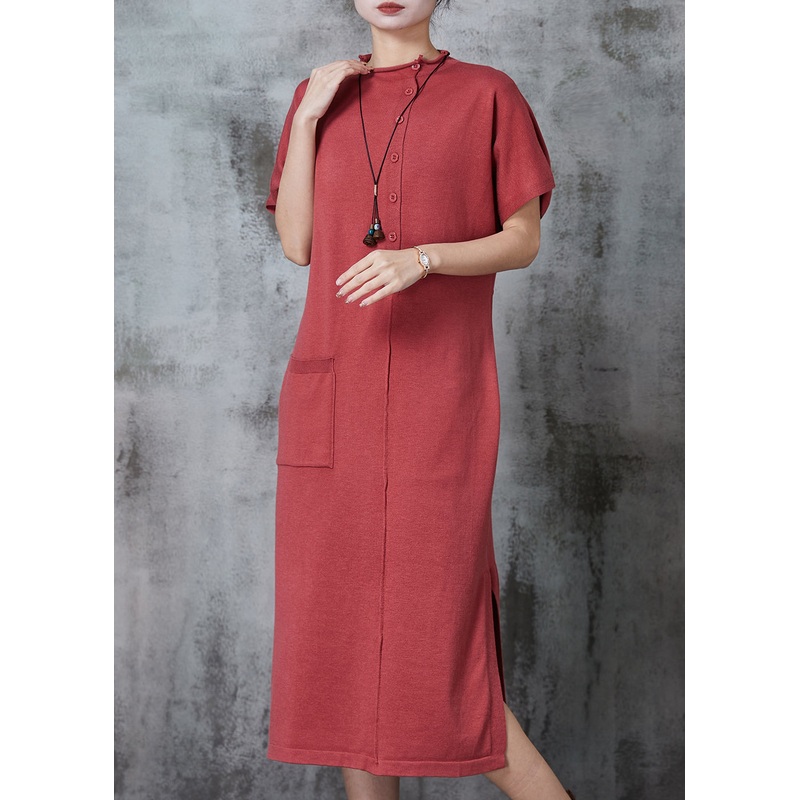 Style Brick Red Side Open Silm Fit Knit Dress Summer