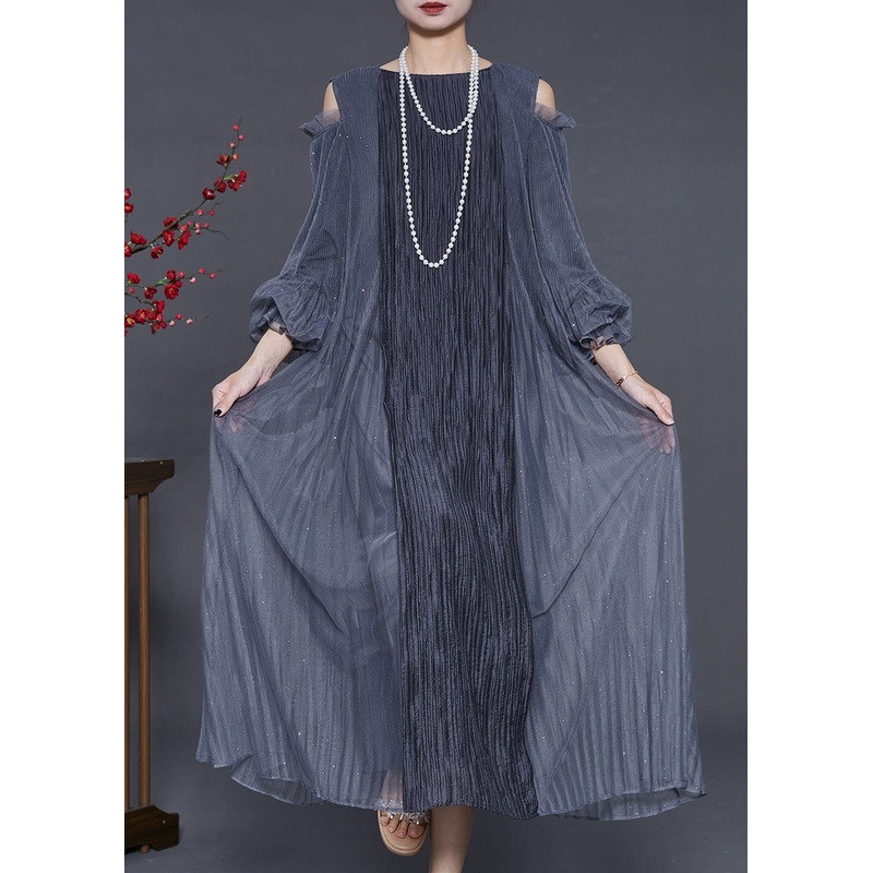 Style Grey Cold Shoulder Patchwork Wrinkled Silk Dresses Summer