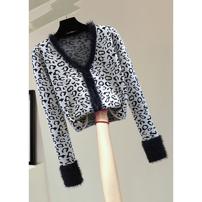 Style Leopard V Neck Fuzzy Fur Fluffy Cotton Knit Sweaters Winter