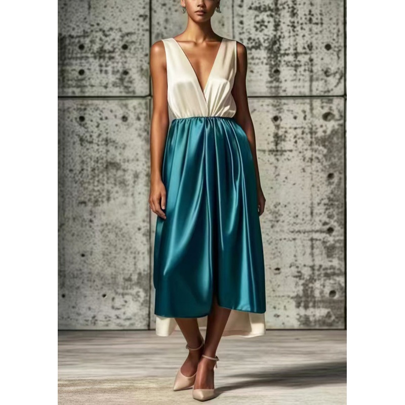 Style White Deep-V Neck Patchwork Silk Maxi Dresses Summer