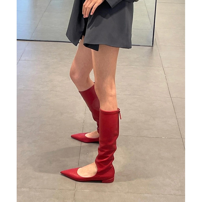 Stylish Red Splicing Boots Hollow Out Pointed Toe Zippered