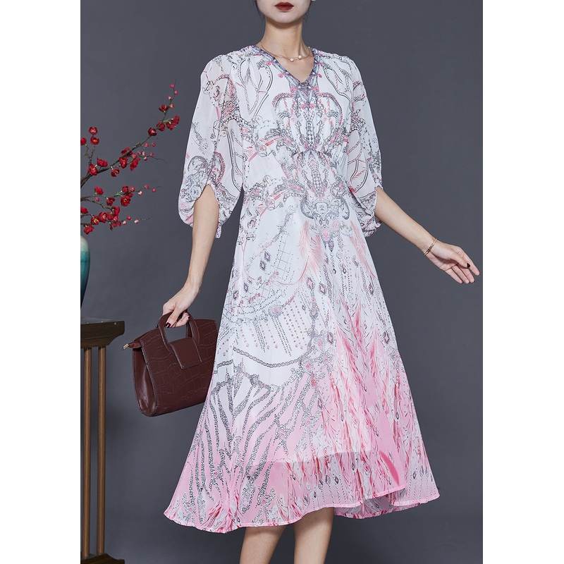 Stylish White Print Gradient Color Chiffon Beach Dresses Lantern Sleeve