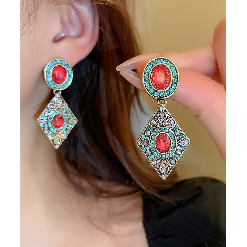Vintage Blue Alloy Zircon Crystal Diamond Shaped Drop Earrings