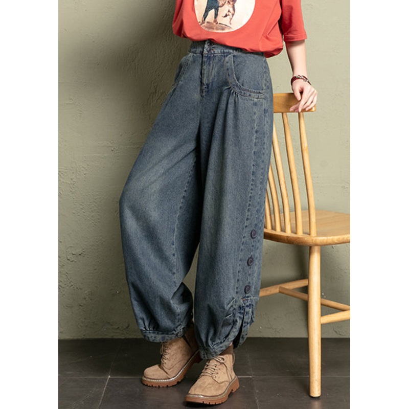 Vintage Blue Button Pockets Elastic Waist jeans Spring