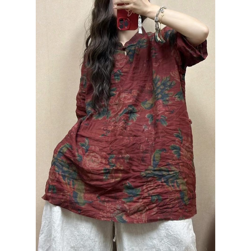 Vintage Red Stand Collar Button Print Linen Blouses Half Sleeve
