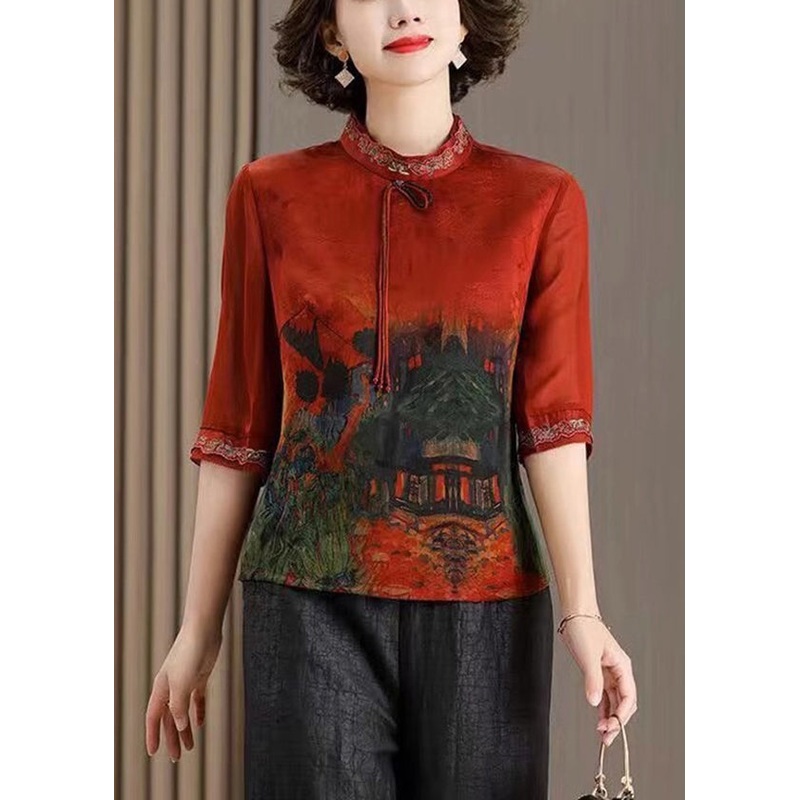 Vintage Red Stand Collar Tasseled Print Silk Shirt Tops Half Sleeve