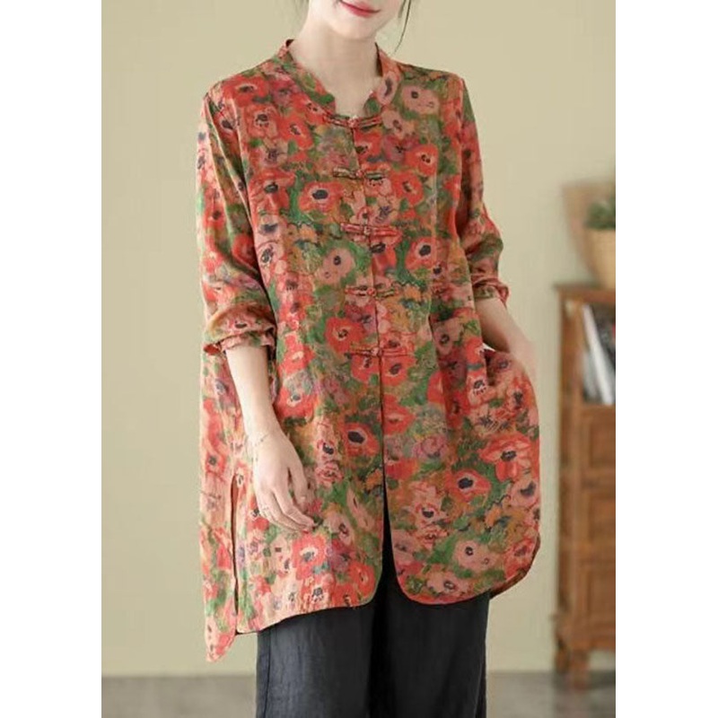 Vintage Stand Collar Chinese Button Print Linen Shirts Coat Long Sleeve