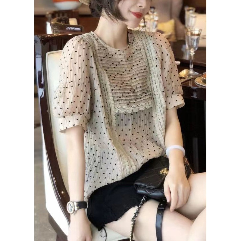 Vogue Apricot O Neck Print Chiffon T Shirt Short Sleeve