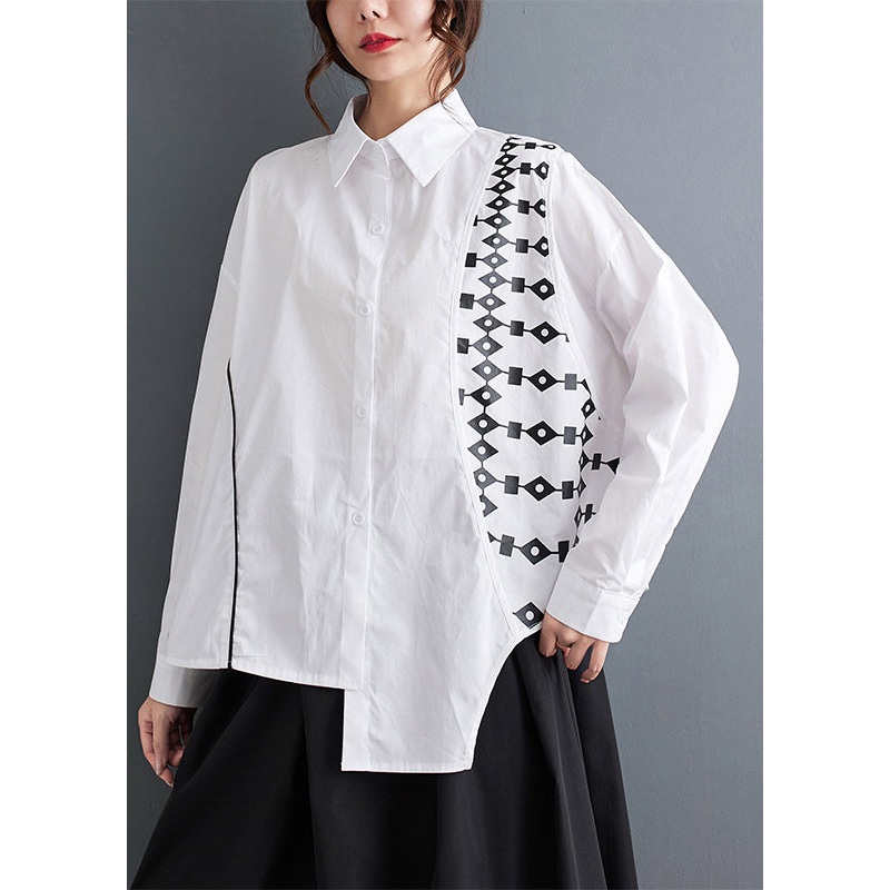 White Button Cotton Blouse Peter Pan Collar Long Sleeve