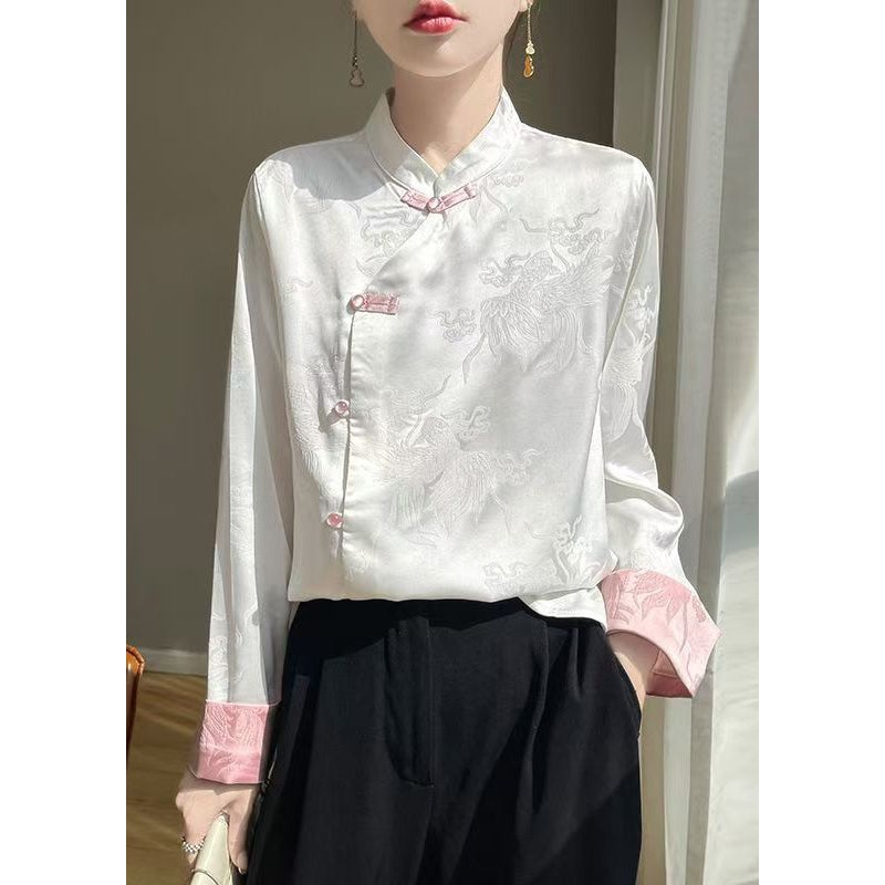 White Button Silk Shirts Stand Collar Long Sleeve