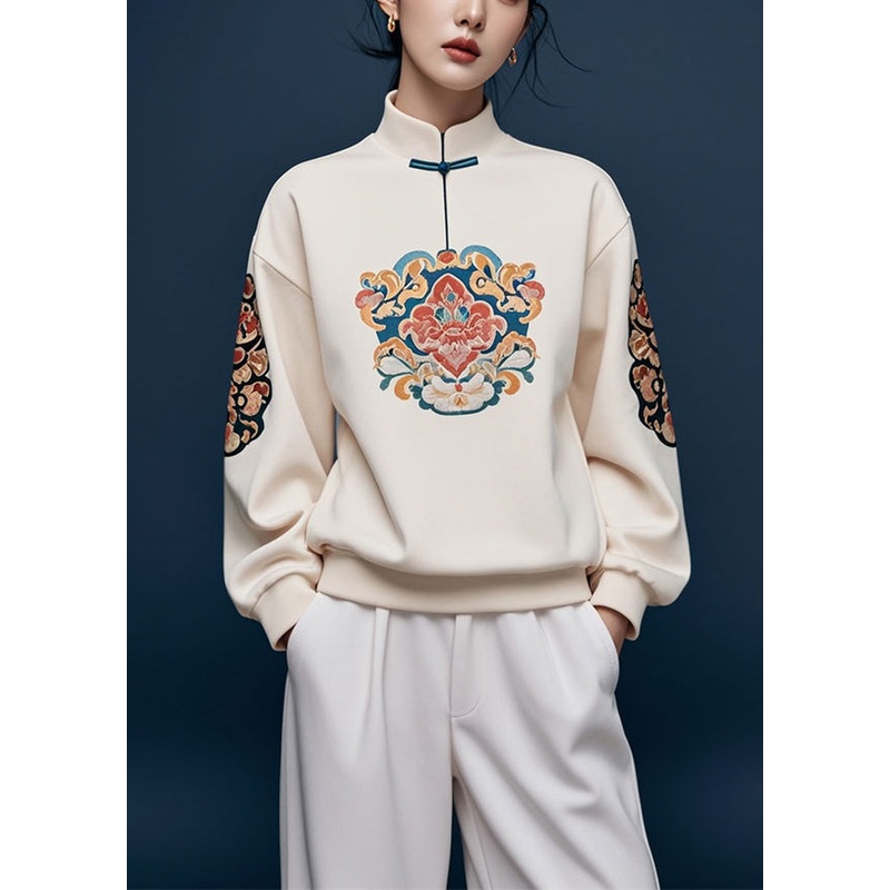 Women Apricot Stand Collar Print Cotton Pullover Sweatshirt Fall