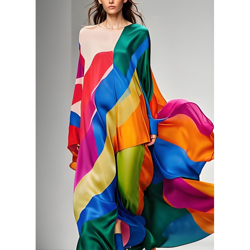 Women Colorblock Asymmetrical Patchwork Silk Maxi Dresses Long Sleeve
