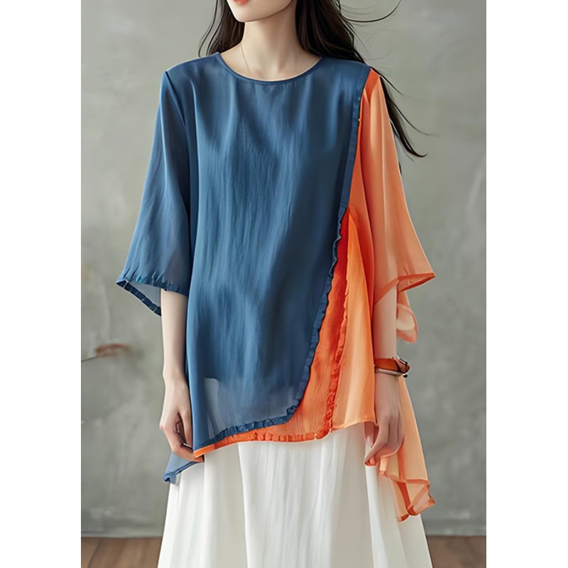 Women Colorblock O Neck Asymmetrical Design Cotton Top Summer