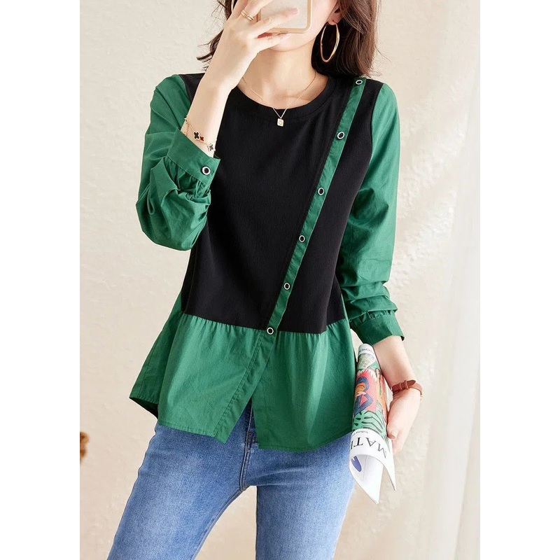 Women Green O-Neck Asymmetrical Patchwork Wrinkled Top Long Sleeve
