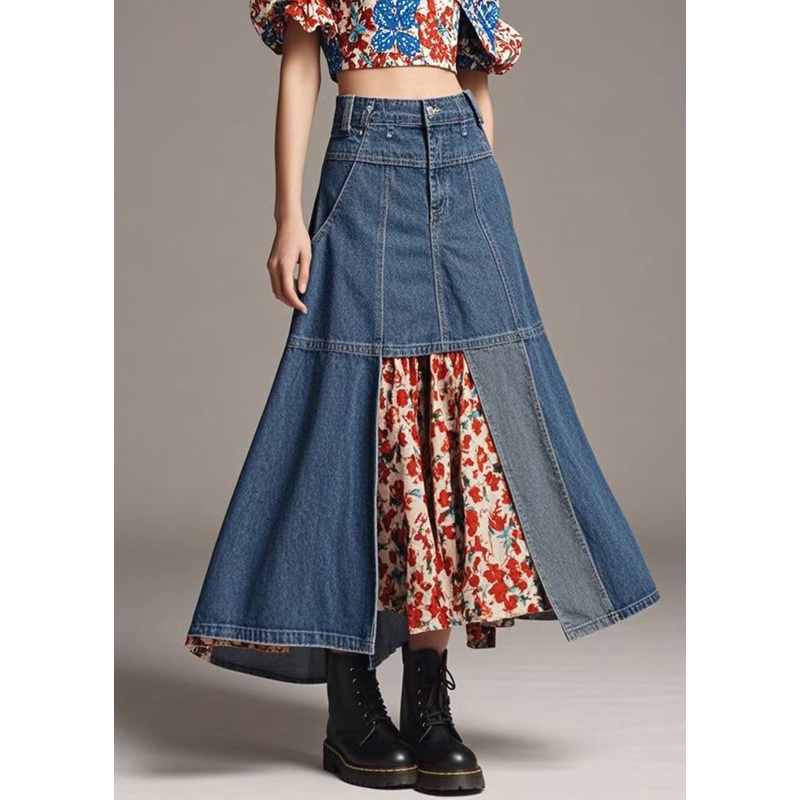 Women Navy High Waist Patchwork Denim A Line Skirts Spring