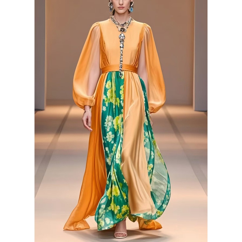 Women Orange Cinched Patchwork Silk Party Dress Lantern Sleeve
