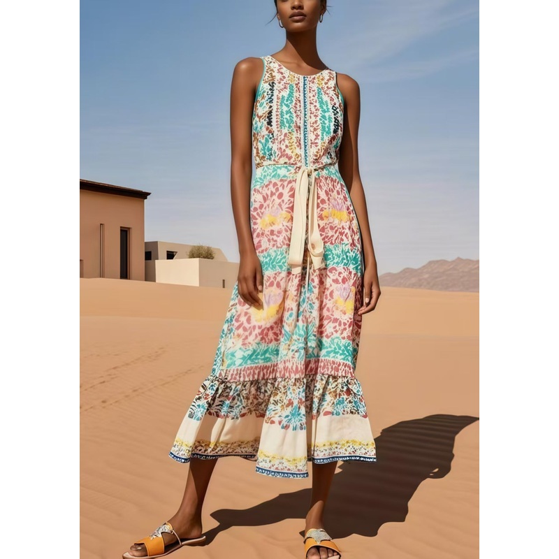 Women Polychrome Print Cotton Tunic Dresses Sleeveless