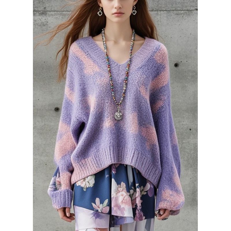 Women Purple Oversized Tie Dye Thick Knit Sweater Fall