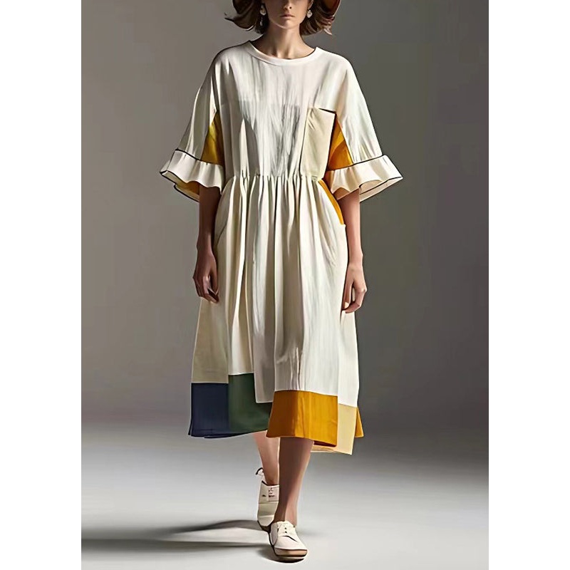 Women White Cinched Patchwork Cotton Vacation Dresses Summer