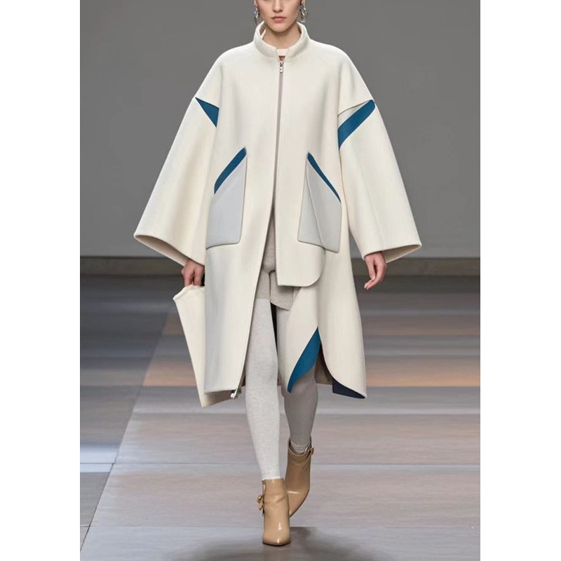 Women White Stand Collar Patchwork Woolen Loose Trench Coat Fall