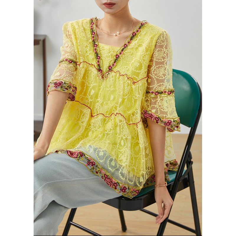 Yellow Hollow Out Lace Shirt Top Ruffled Summer
