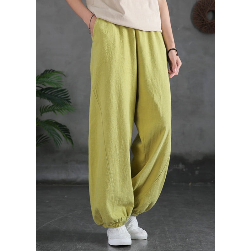 Yellow Solid Cotton Beam Pants Elastic Waist Spring