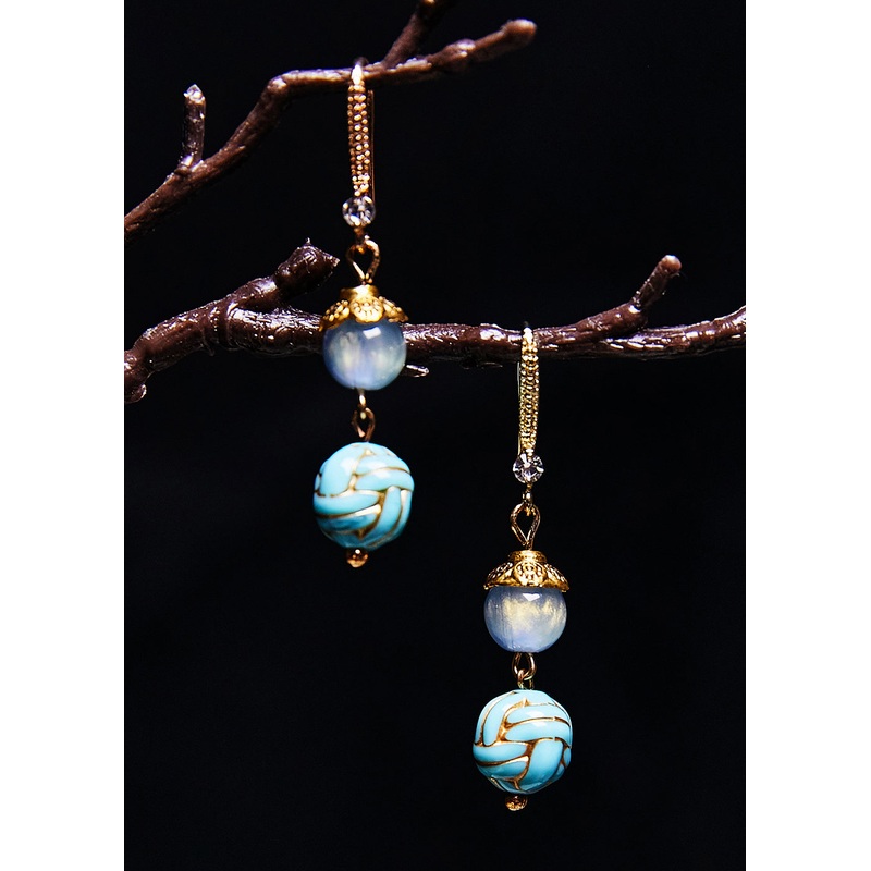 Art Blue Sphericity Metal National Style Drop Earrings