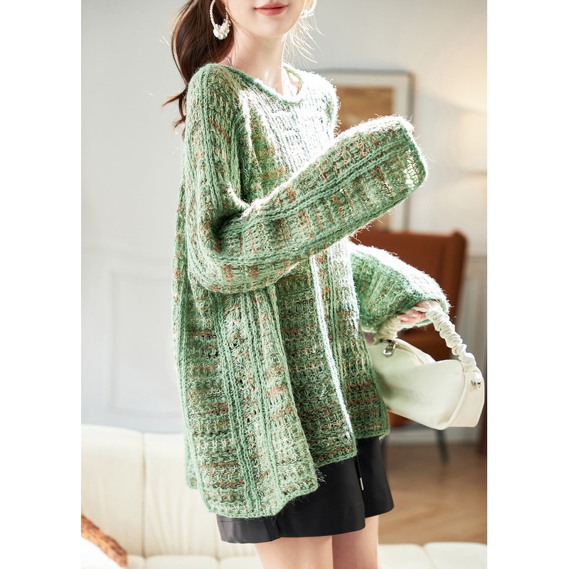 Art Green Cozy Hollow Out Cotton Knit Sweaters Batwing Sleeve