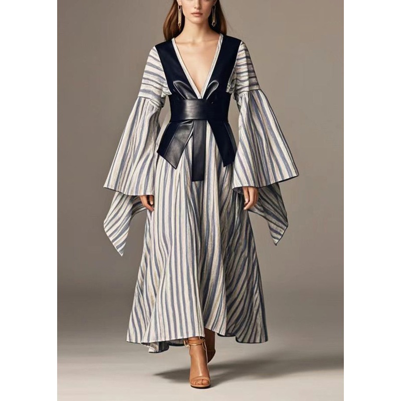 Art Grey Striped Patchwork Faux Leather Cotton Cinched Dress Flare Sleeve