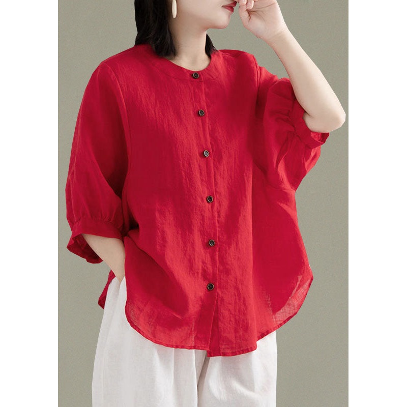 Art Red O-Neck Button Linen Loose Shirt Top Lantern Sleeve