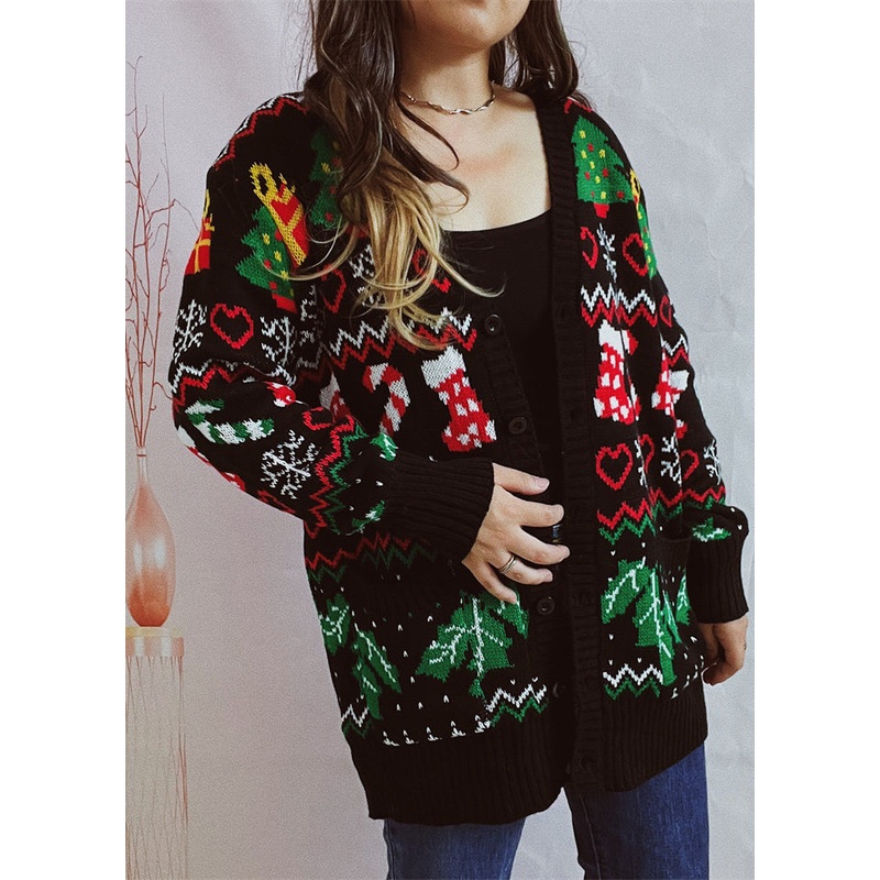 Beautiful Black V Neck Jacquard Knit Cardigan Fall
