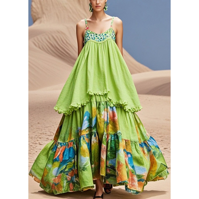 Beautiful Grass Green Print Exra Large Hem Cotton Spaghetti Strap Dress Summer
