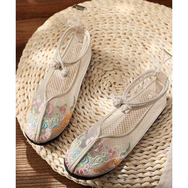 Beige Tulle Embroidered Oriental Flat Shoes