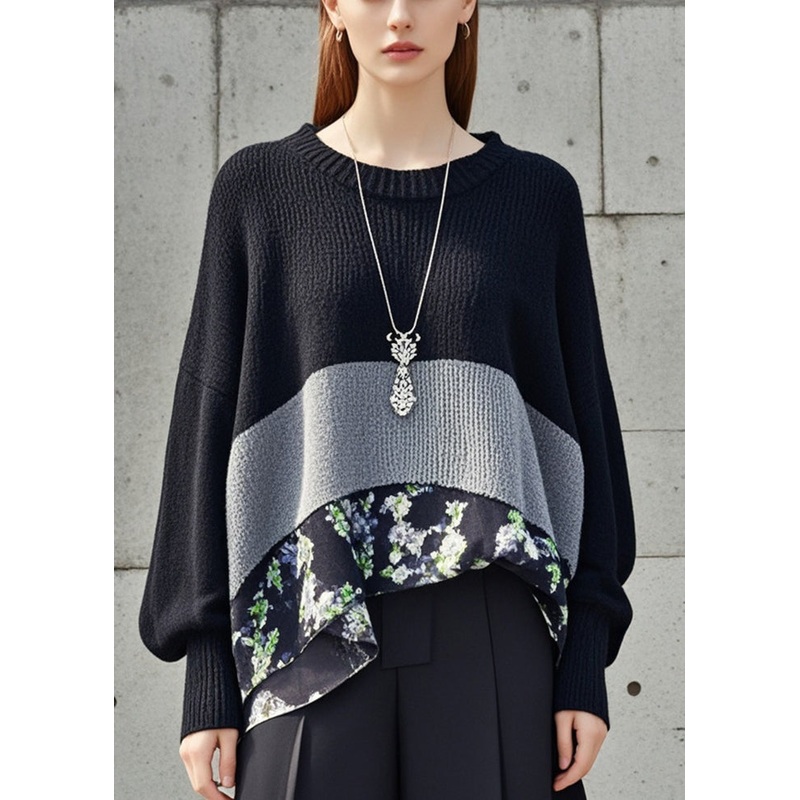 Black Patchwork Knitted Tops Oversized Print Fall