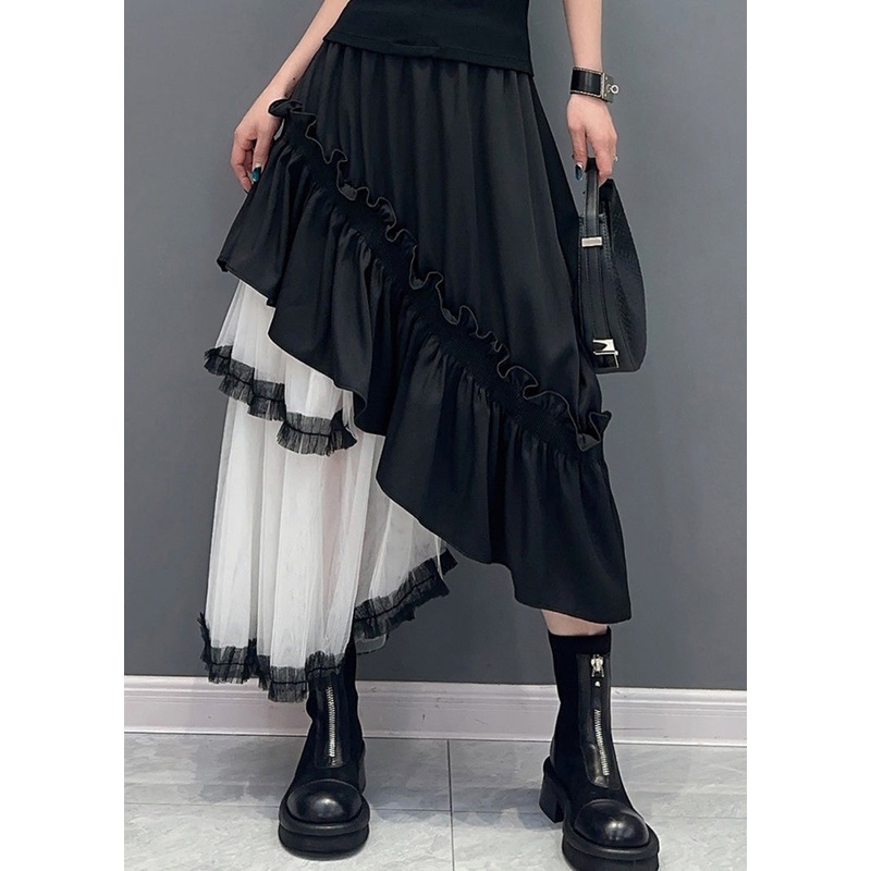 Black Patchwork Tulle Skirts Ruffled Asymmetrical Summer