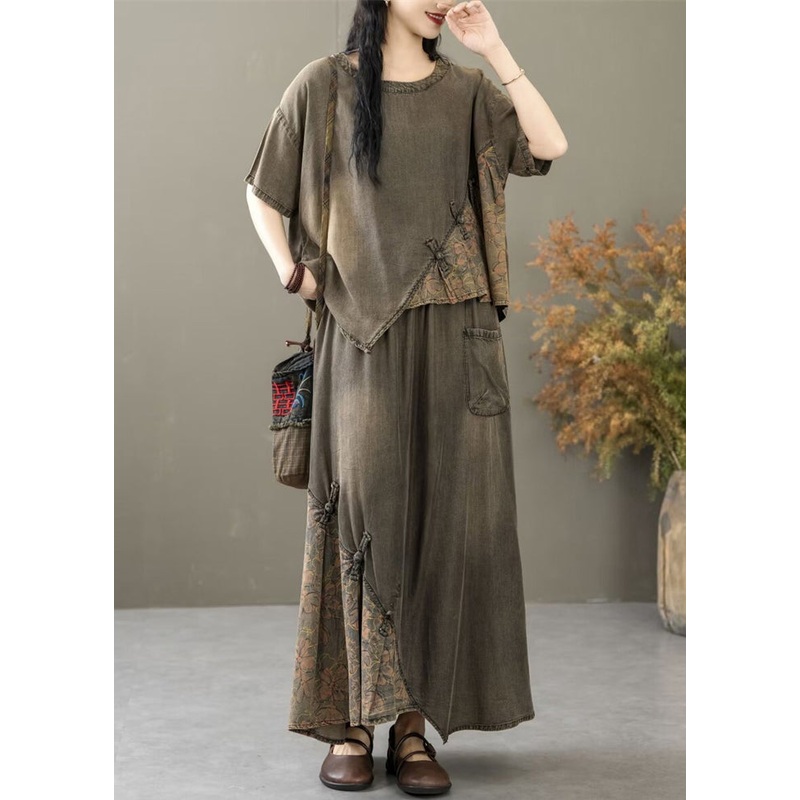 Black Pockets Patchwork Two Pieces Set O Neck Summer