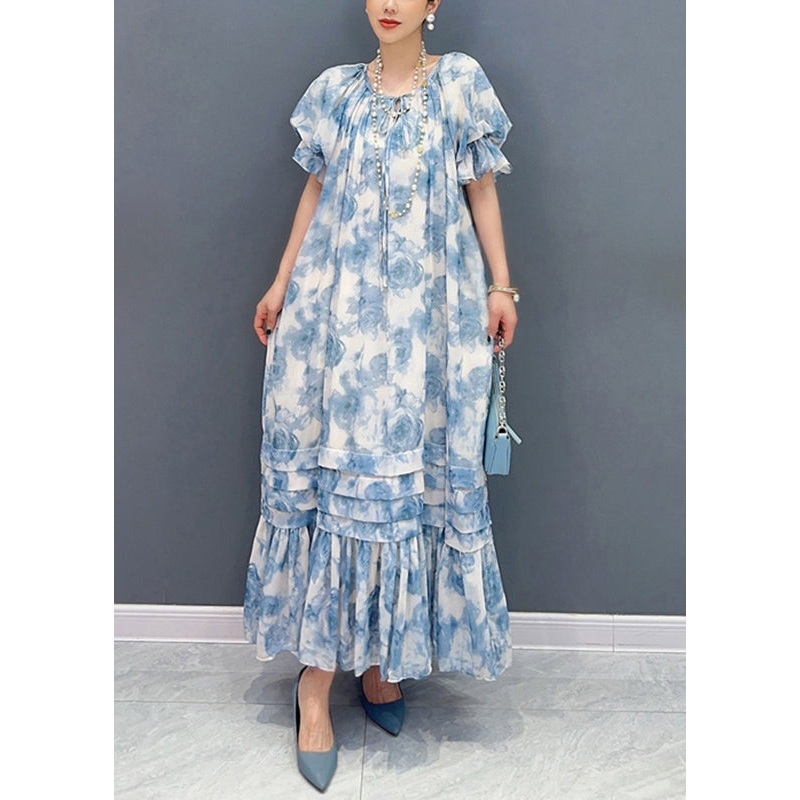 Bohemian Blue O-Neck Ruffled Patchwork Print Chiffon Maxi Dresses Summer