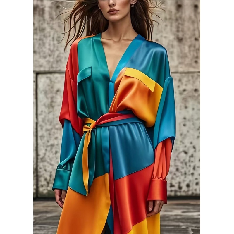 Bohemian Colorblock Asymmetrical Patchwork Tie Waist Silk Dress Spring