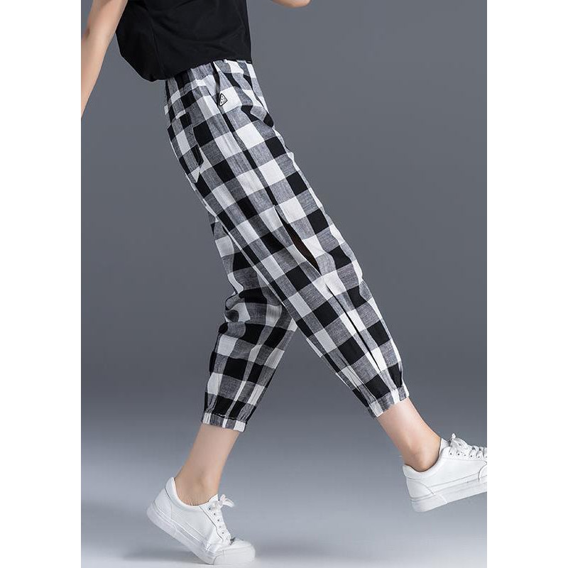 Bohemian Plaid Pockets Elastic Waist Ice Silk Crop Pants Summer
