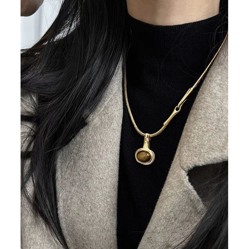 Boho Copper Overgild Inlaid Gem Stone Pendant Necklace