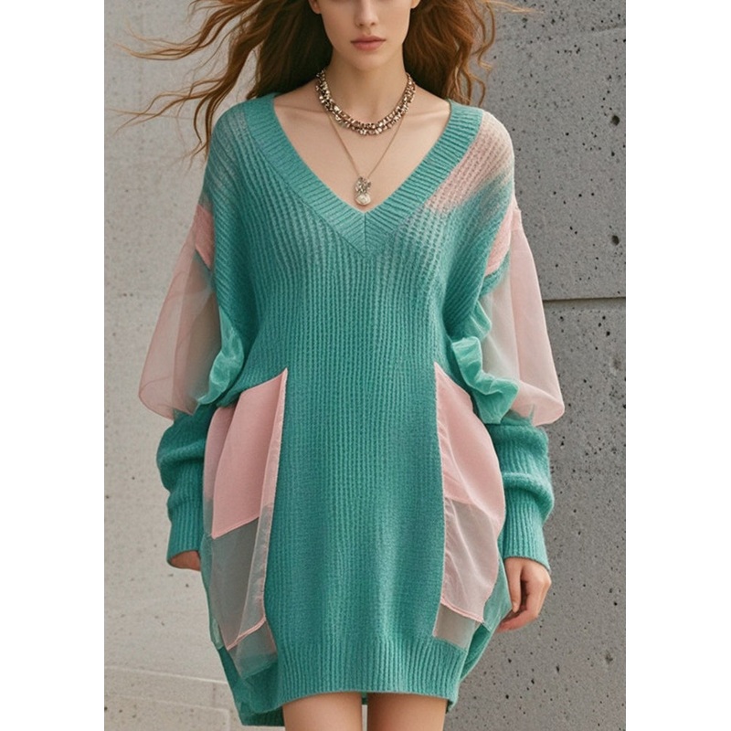 Boho Green Oversized Patchwork Tulle Long Sweater Fall