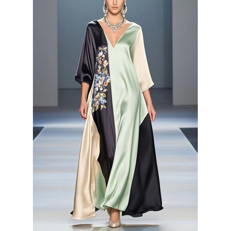 Boho Multicolour V Neck Patchwork Print Silk Party Dress Summer