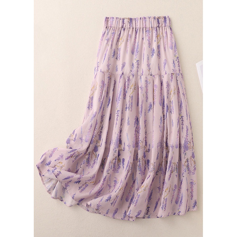 Boho Purple Print Elastic Waist Cotton Skirt Summer
